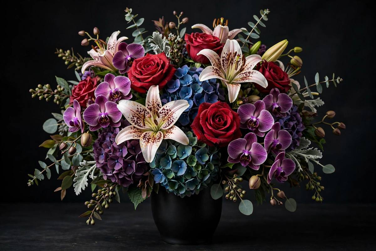 Assorted designer flower arrangement with roses lilies and orchids