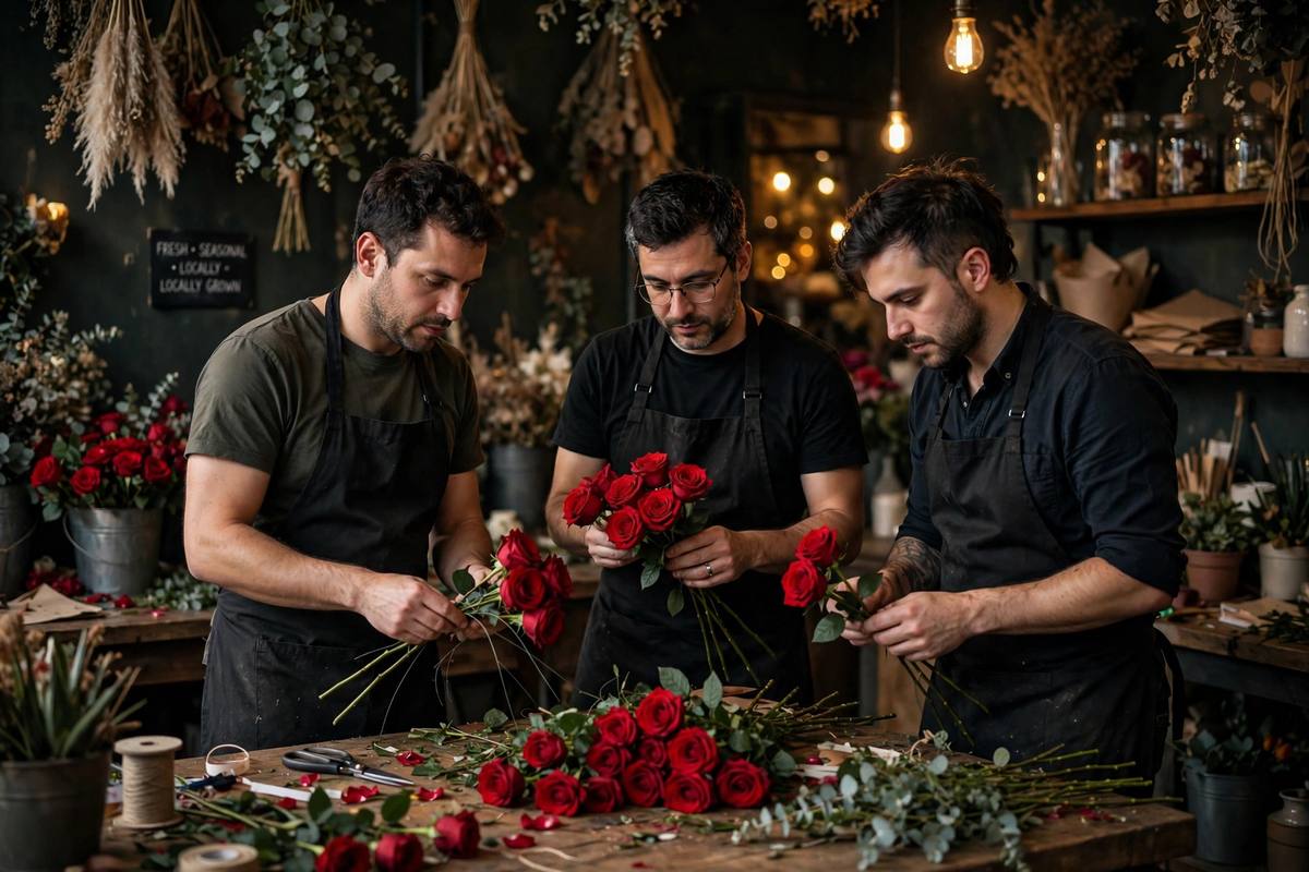 The three gentlemen behind House Of Petals 127 arranging red roses in the Harlem flower shop