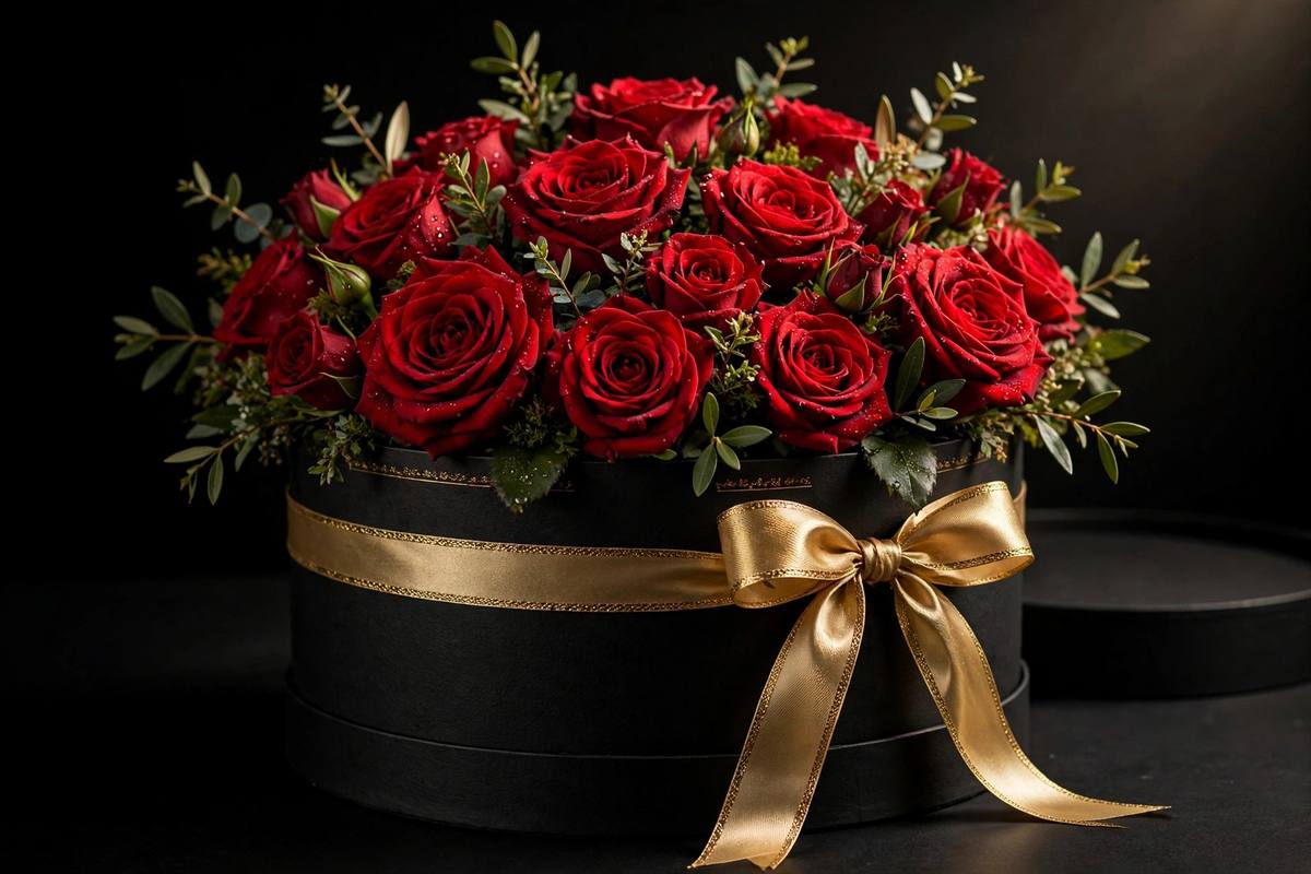 Luxury black hatbox filled with red roses