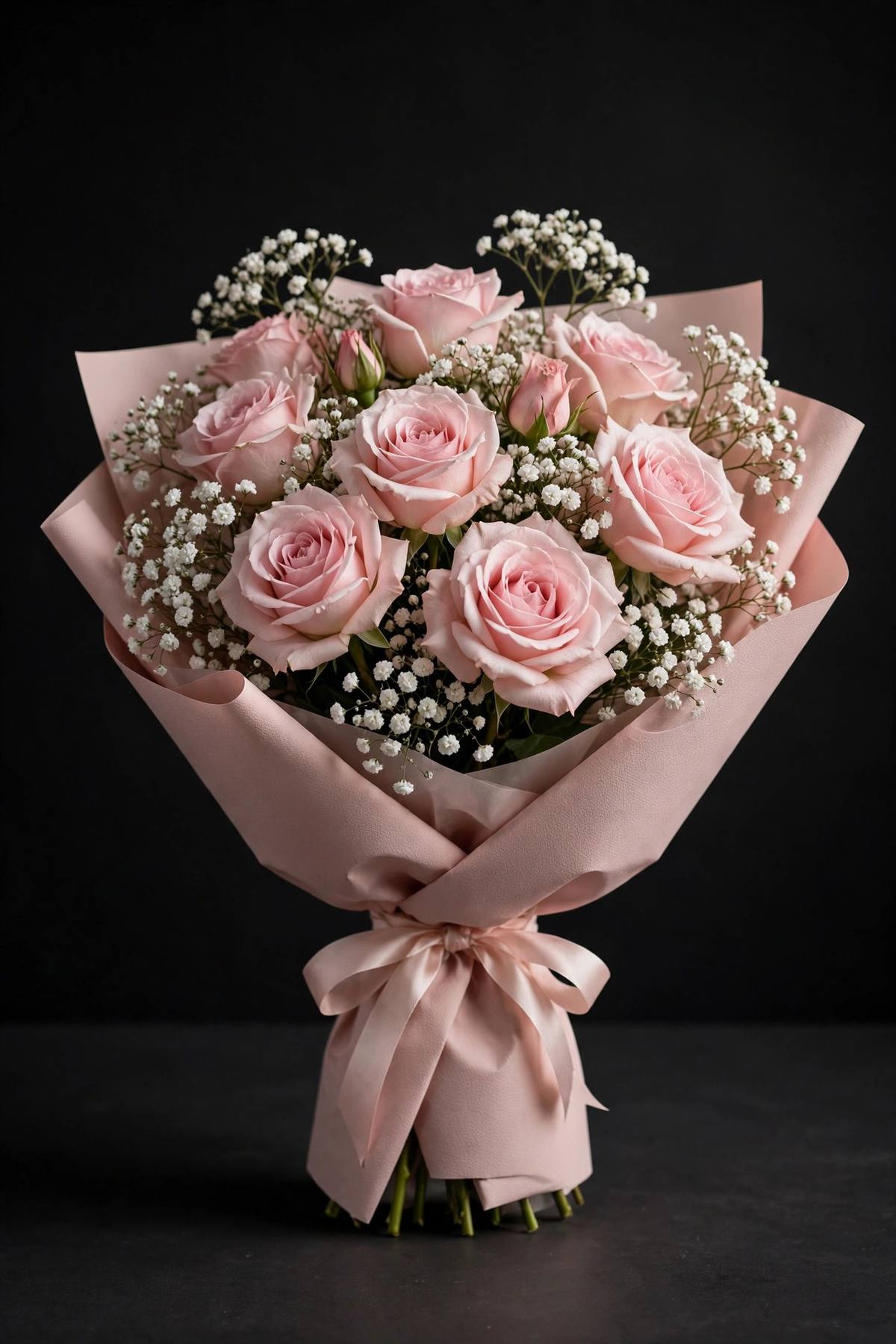 Soft pink roses bouquet with baby's breath