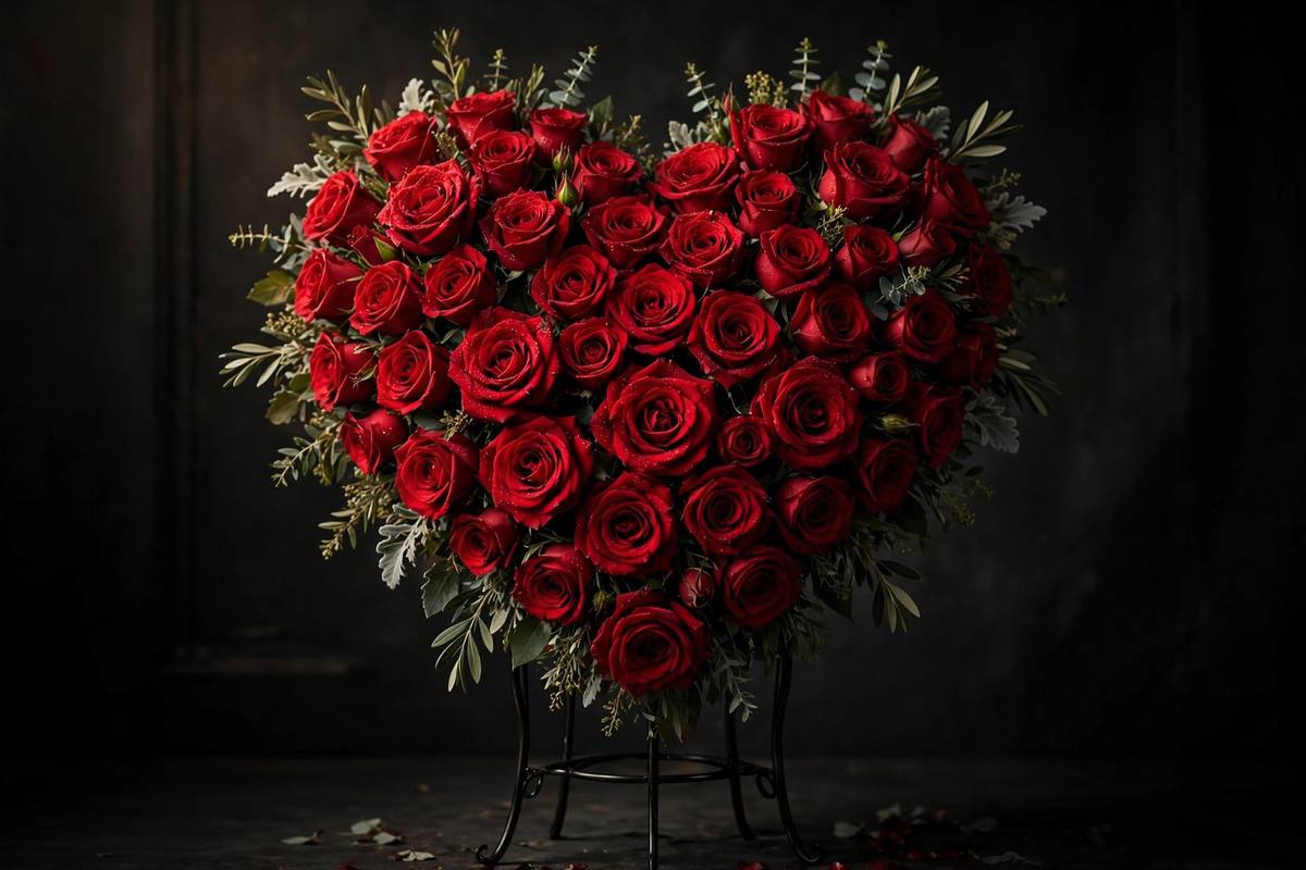Heart-shaped arrangement of red roses