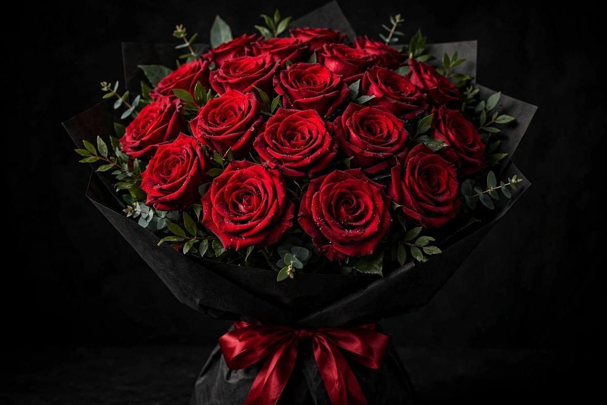 Red roses wrapped in black paper for romantic occasions