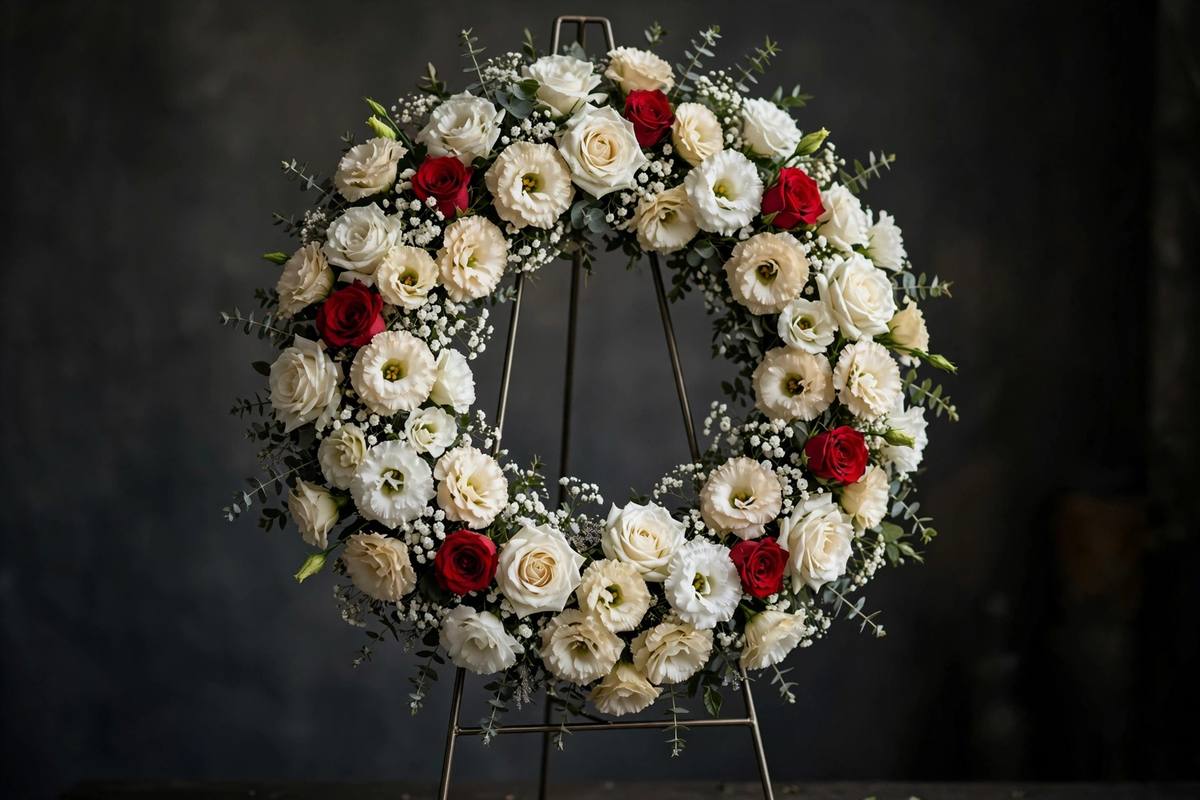 Round standing funeral wreath with white flowers