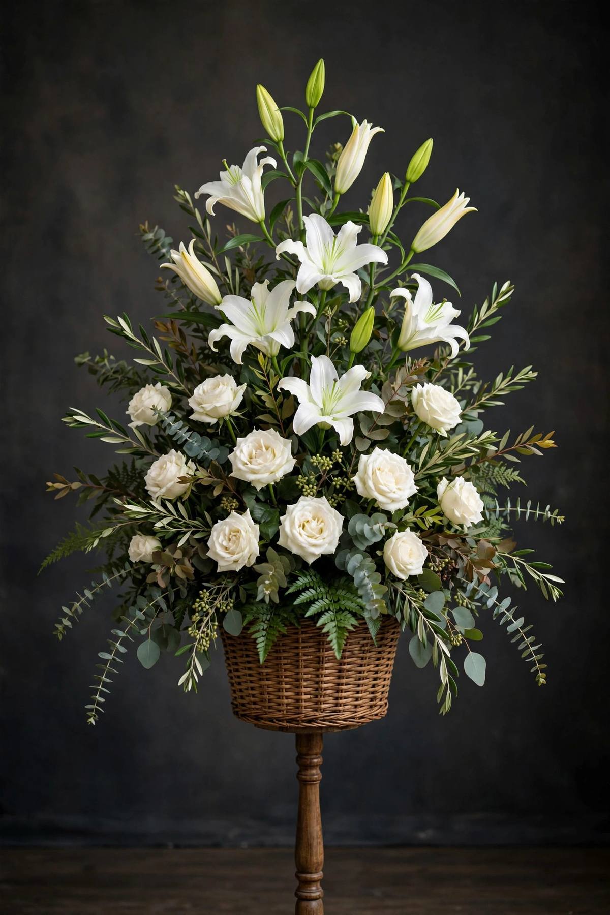 Tall standing sympathy basket with lilies and roses