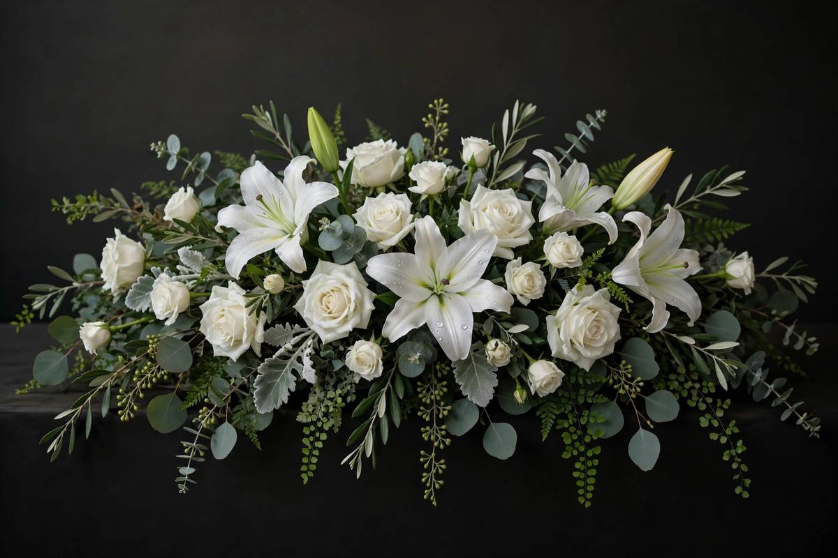 White lily and rose sympathy spray for funerals in Harlem NYC