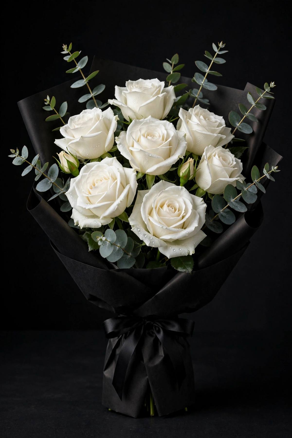 Pristine white roses with eucalyptus greenery